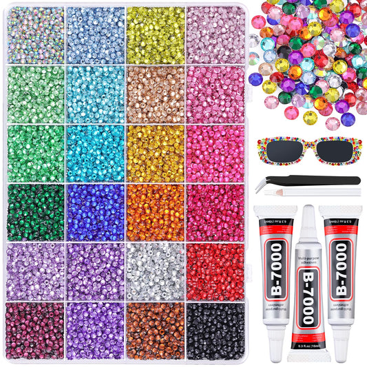 24000Pcs Resin Rhinestones for Bedazzling with 3Pcs B7000 Jewelry Glue, Multicolor 3mm Flatback Gems Rhinestones for Crafting, Clothing Tumblers Mugs Shoes Fabric Decor Nail Art