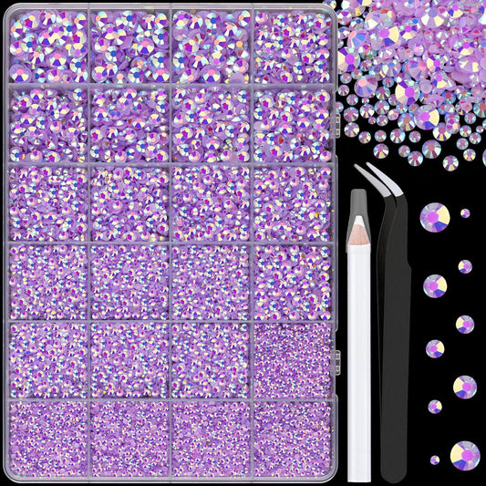 25000Pcs Resin Jelly Rhinestones for Crafting, Lavender Purple AB 2-6mm Mixed Sizes Non Hotfix Flatback Gems, Bedazzling Crystal for DIY Crafts Clothing Tumblers Mugs Shoes Fabric Nail Art