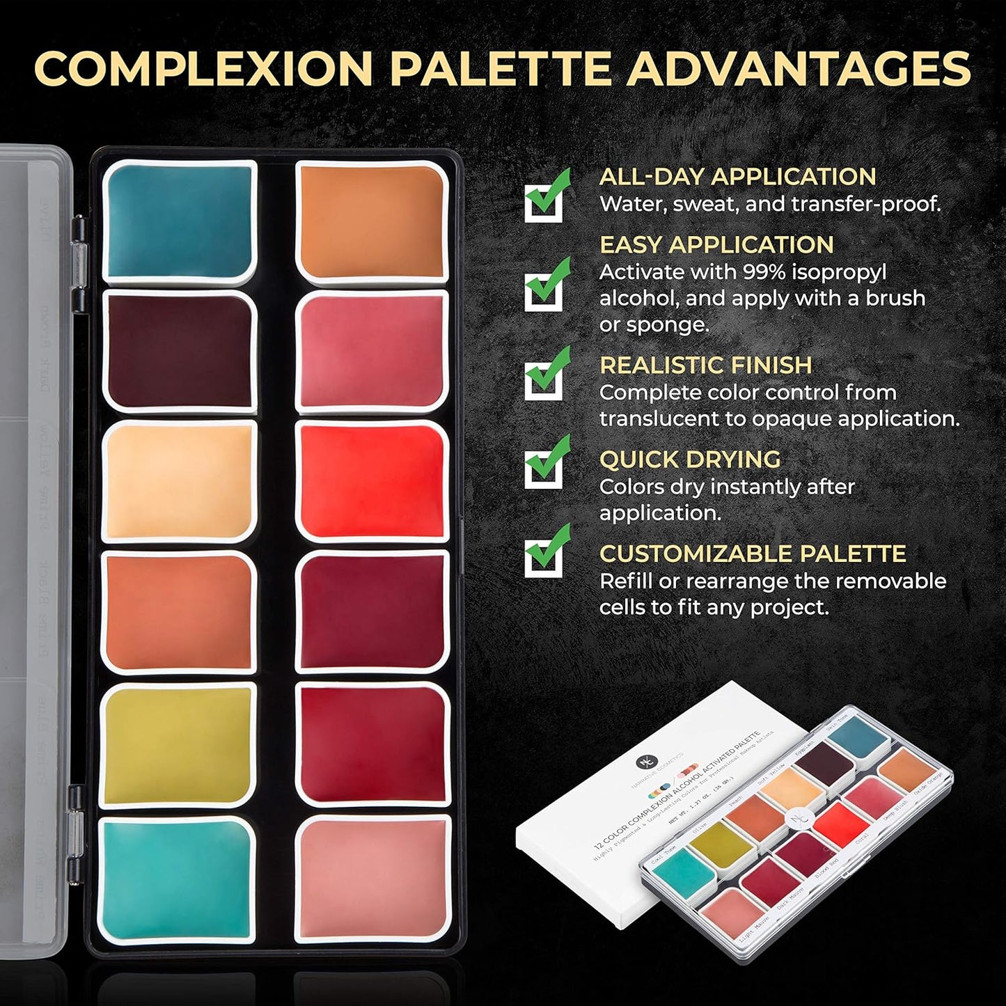12-Color Complexion Alcohol-Activated Palette, Professional Quick Drying Waterproof SFX Makeup, Tattoo Cover