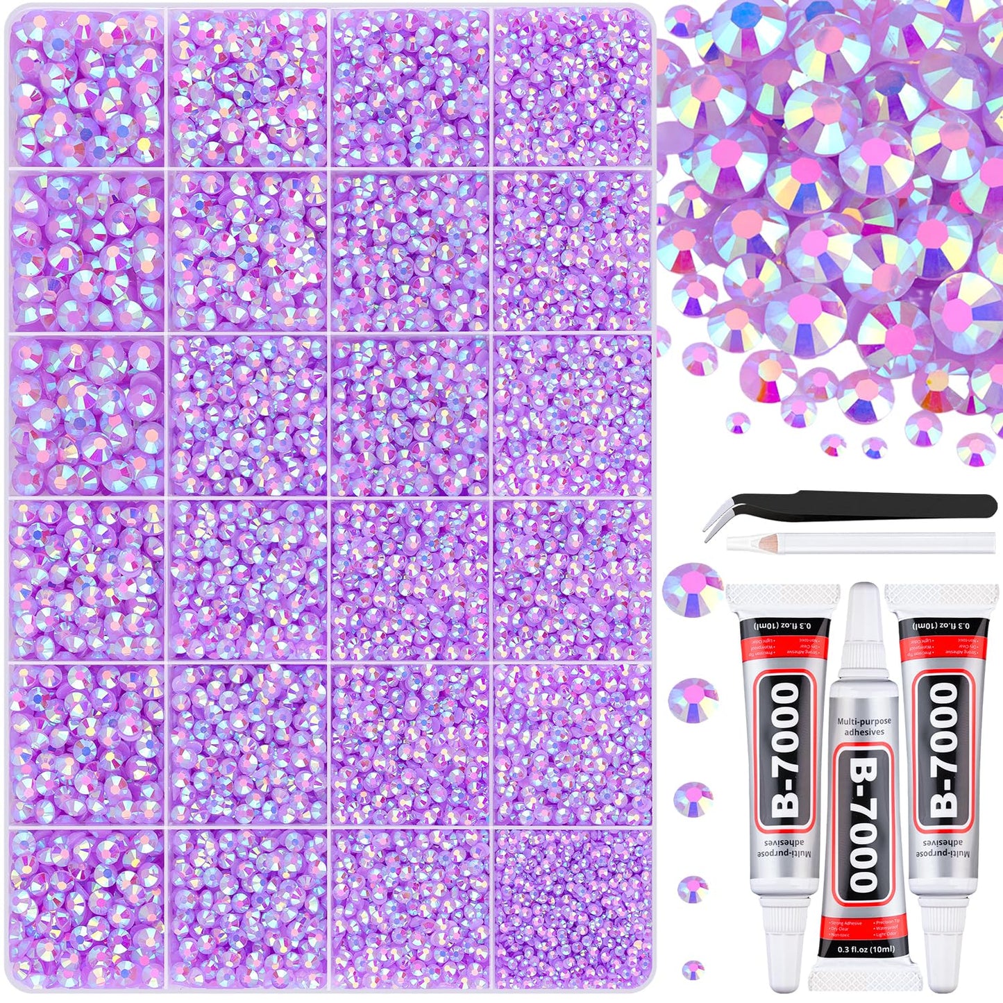 30000Pcs Resin Lavender Purple AB Rhinestones for Bedazzling Crafting with b7000 Jewelry Glue, Bulk Flatback Gems Bedazzler Kit for Crafts Clothes Fabric Nail Diamond Art, Assorted Size 2/3/4/5/6mm