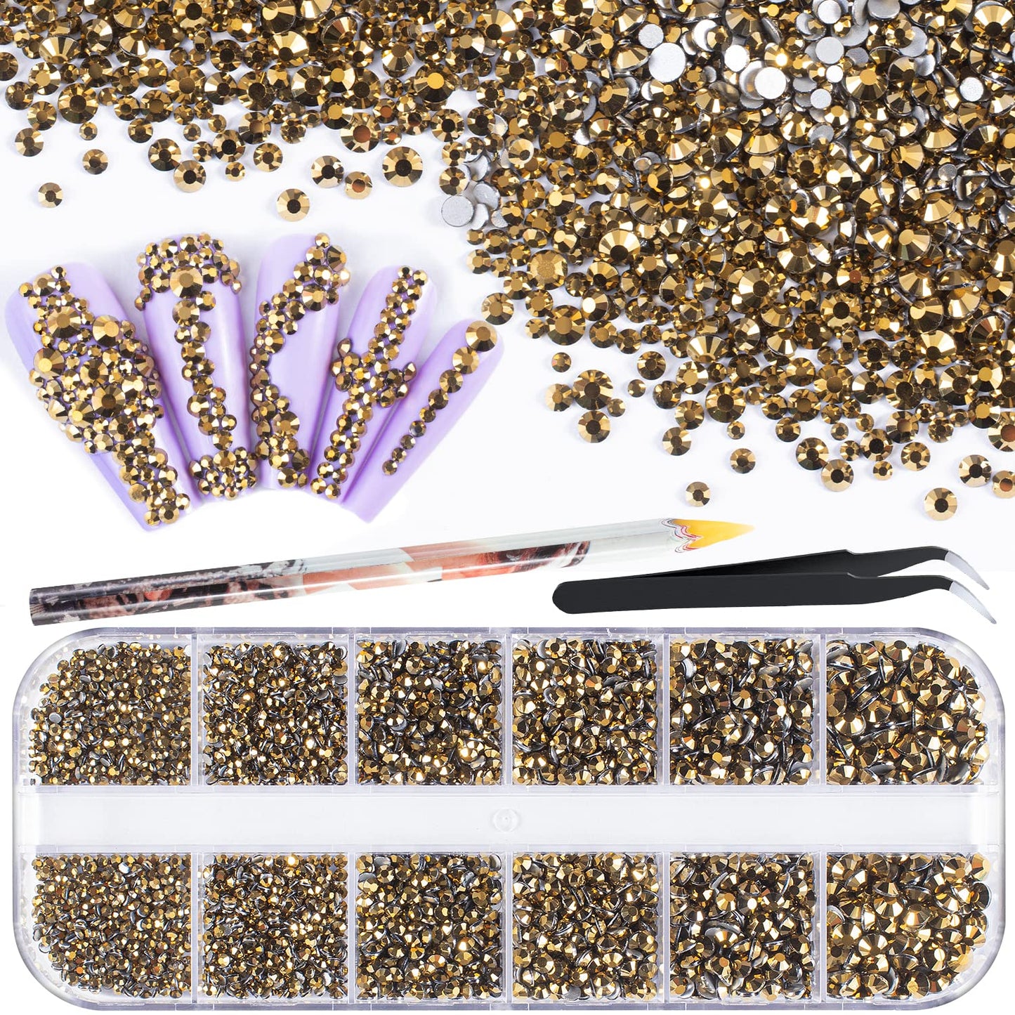 3600pcs Glass Mineral Gold Nail Rhinestones 6 Sizes(1.8/2/2.4/2.8/3/4mm) Flatback Crystal Nail Charms Jewels Decoration for Nail Art and Crafting, Tweezer and Pickup Pen included