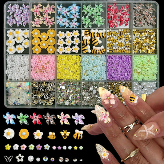 Flowers Nail Charms and Gems, Cute 3D Bee Daisy Hawaii Flowers Nail Art Charms for Acrylic Nails, Gold Silver Butterfly Nail Rhinestone and Charms,White Flatback Pearl Nail Charms Manicure DIY Crafts