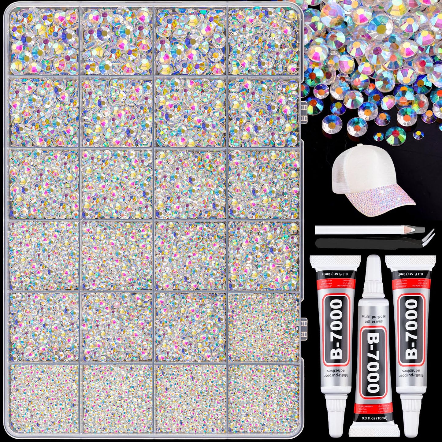 25000Pcs Resin Rhinestones with B7000 Jewelry Glue for Crafting, Transparent AB 2-6mm Non Hotfix Flatback Gems, Bedazzling Crystal for DIY Crafts Clothing Tumblers Mugs Shoes Fabric Decor Nail Art