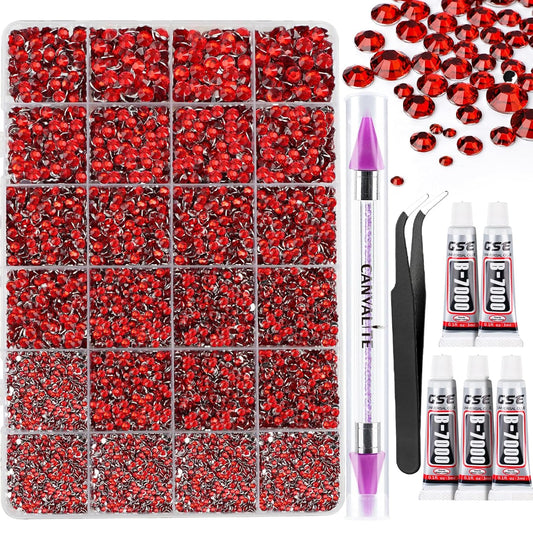 Canvalite 25000PCS Resin Jelly Rhinestones for Crafting,Red Flatback Gems, Bedazzling Crystal with 5Pcs 2.5g B7000 Jewelry Glue and Tweezers and Dotting Pen for DIY Crafts Clothing Shoes Nail Art