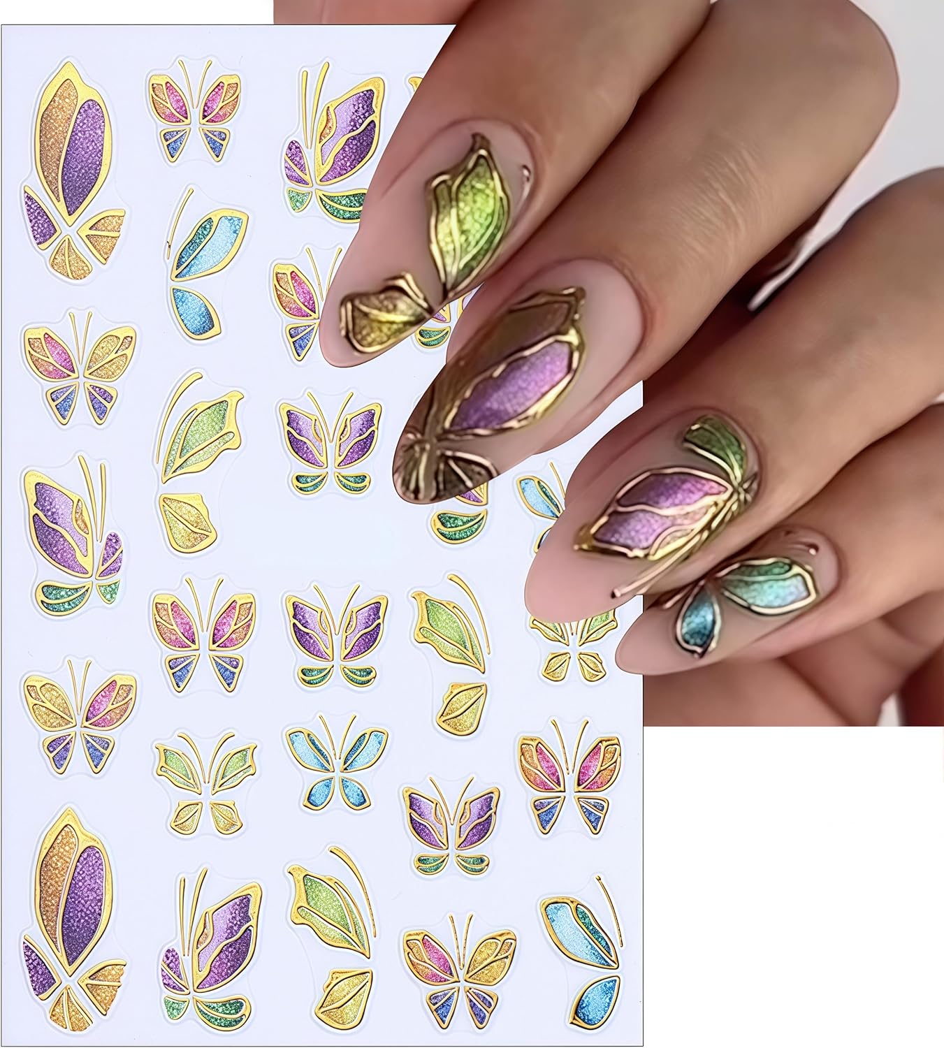 8 Sheets Gold Edge Butterfly Nail Stickers 3D Self Adhesive Holographic Colorful Butterfly Cherry Blossoms Decals Spring Glitter Gold Flower Design Supplies for Women Girls Manicure Decoration