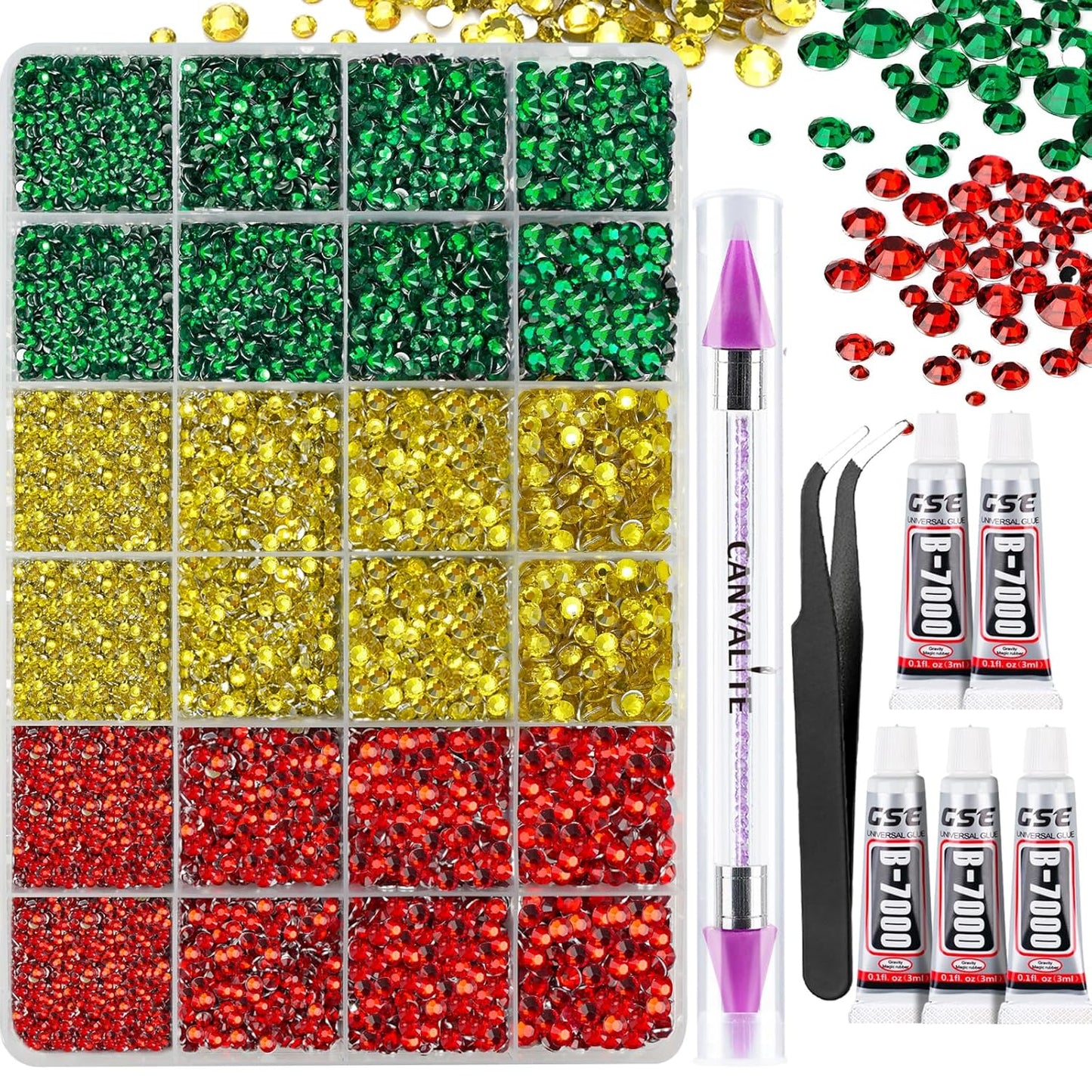 Canvalite 25000PCS Resin Jelly Rhinestones for Crafting, Christmas Flatback Gems, Bedazzling Crystal with 5x2.5g B7000 Jewelry Glue and Tweezers Dotting Pen for DIY Crafts Clothing Shoes Nail Art