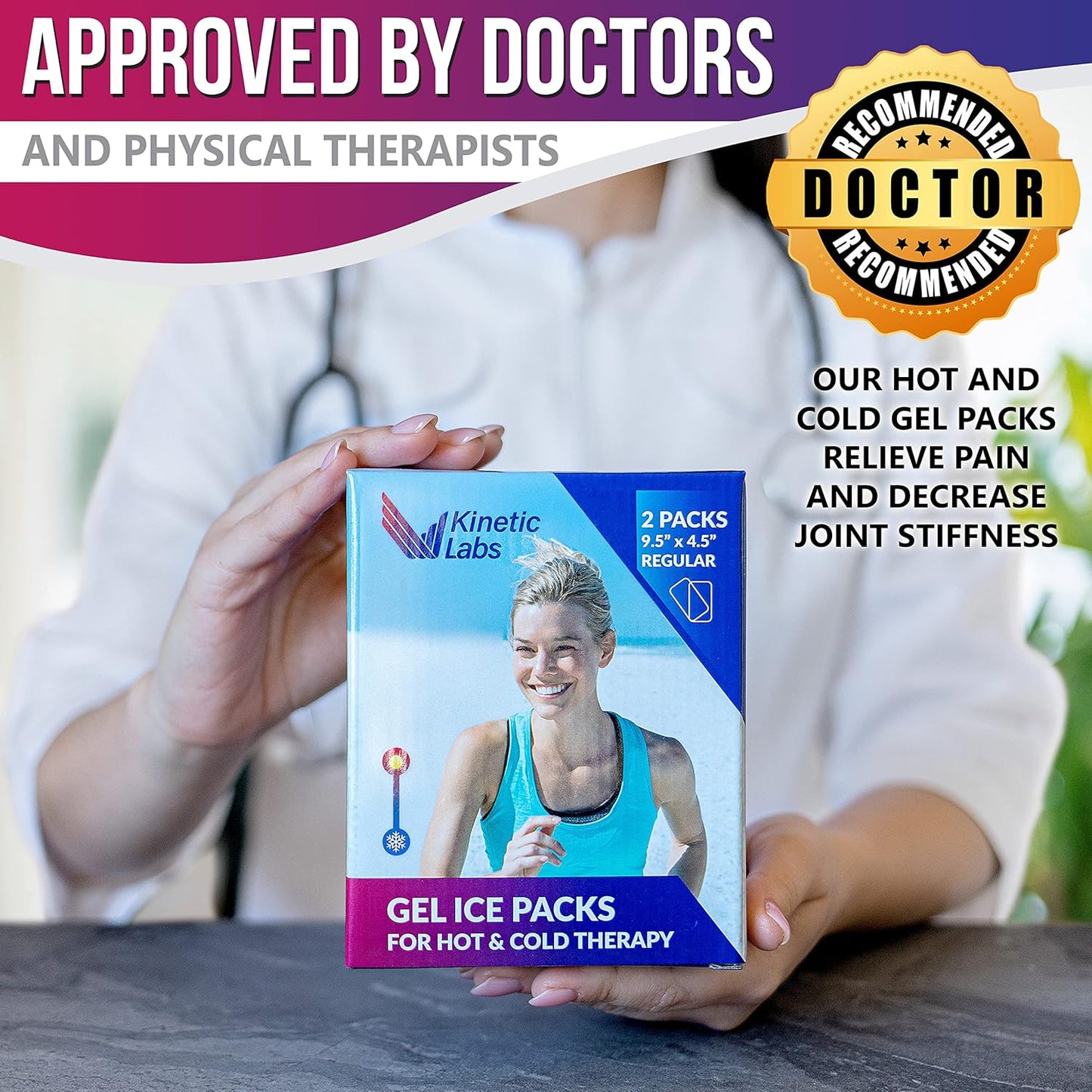 Gel Ice Packs for Injuries Reusable (2 Pack) 9.5" x 4.5" – Gel Cold Soft Ice Pack by Kinetic Labs – Flexible & Soft Packs for Knee, Shoulder, Back (Regular)